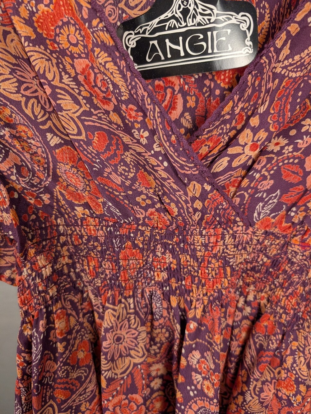 A-202 Angie Purple Paisley Floral Smocked Peplum Blouse NWT Large - Picture 8 of 12